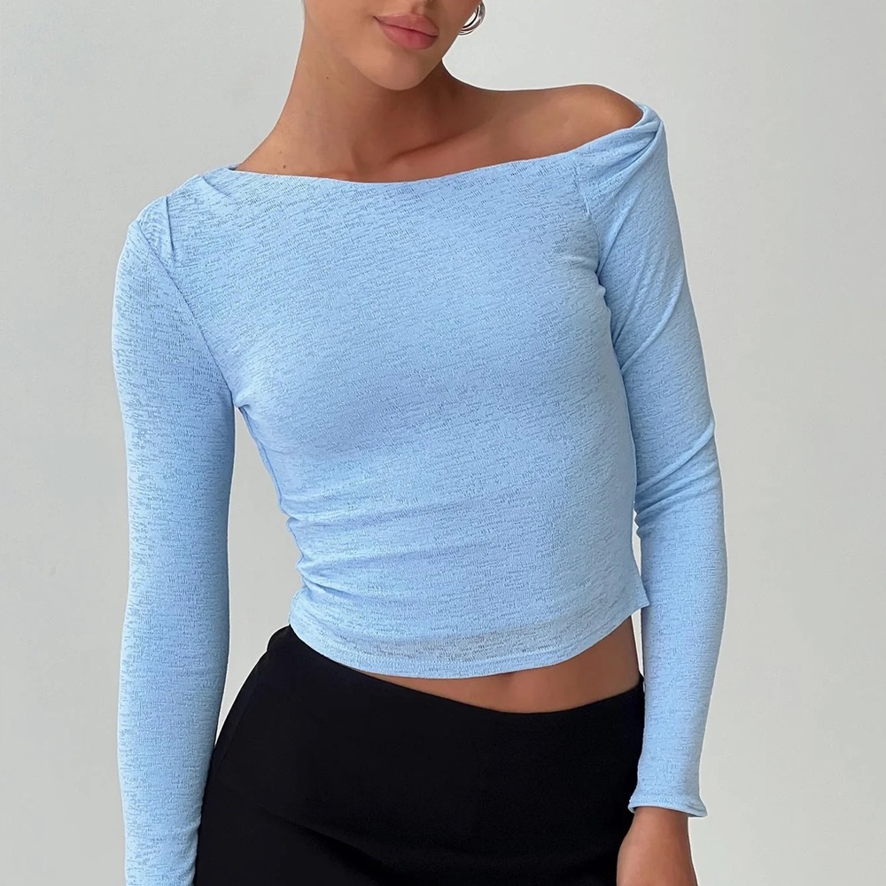 Light Blue Off-Shoulder Long Sleeve Crop Top